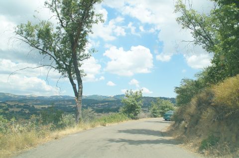 1993 Ford Taurus - A lone green sedan is visible on the side of a rural road, surrounded by rolling hills and trees under a partly cloudy sky.