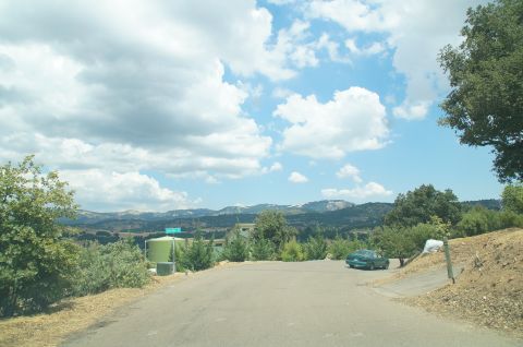 1993 Ford Taurus - A green sedan is parked on a rural road with a scenic view of hills and trees under a cloudy sky.