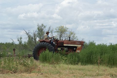1989 Ford Bronco - A man drives a weathered red tractor through a grassy field under a cloudy sky.