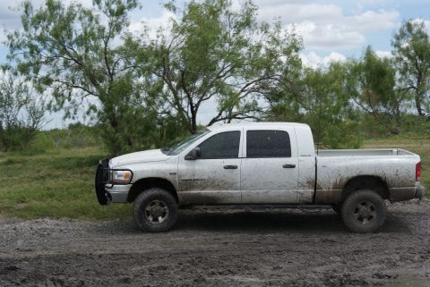 1989 Ford Bronco - A dirty white pickup truck is parked on a muddy road, surrounded by sparse vegetation under a cloudy sky.