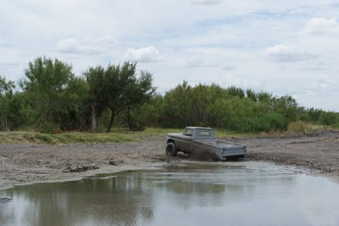 1989 Ford Bronco - A gray pickup truck is stuck in the mud, viewed from the rear. The vehicle's body style suggests it is a 1960 Ford F-Series.