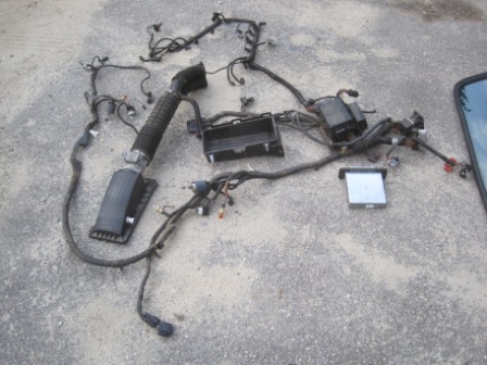 1993 Ford Bronco - Vehicle wiring harness and electronic control unit displayed on a concrete surface. The registry label indicates a 1993 Ford Bronco, but th…