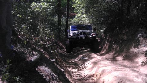 1989 Ford Bronco - A Jeep navigates a challenging off-road trail surrounded by dense forest.