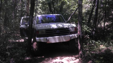 1989 Ford Bronco - 1989 Ford Bronco navigating a forest path with its front end visible.