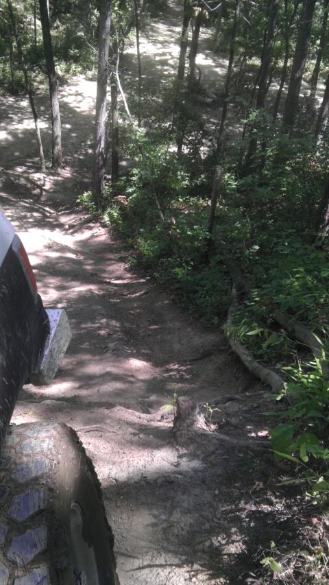 1989 Ford Bronco - A vehicle navigates a dirt trail through a wooded area, showing a close-up of the tire and fender.
