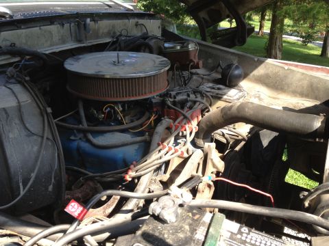 1979 Ford Bronco - Engine bay of a 1979 Ford Bronco, a prominent air filter and visible engine components.