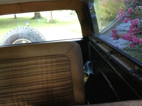 1979 Ford Bronco - The interior of a 1979 Ford Bronco shows a striped rear seat and a spare tire mounted externally, visible through the rear window.
