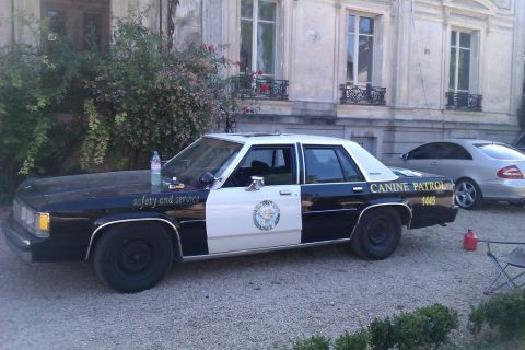 1991 Ford LTD Crown Victoria - Black-and-white Ford LTD Crown Victoria patrol sedan parked on gravel in front of a weathered stone building, shown in near-profile from th…