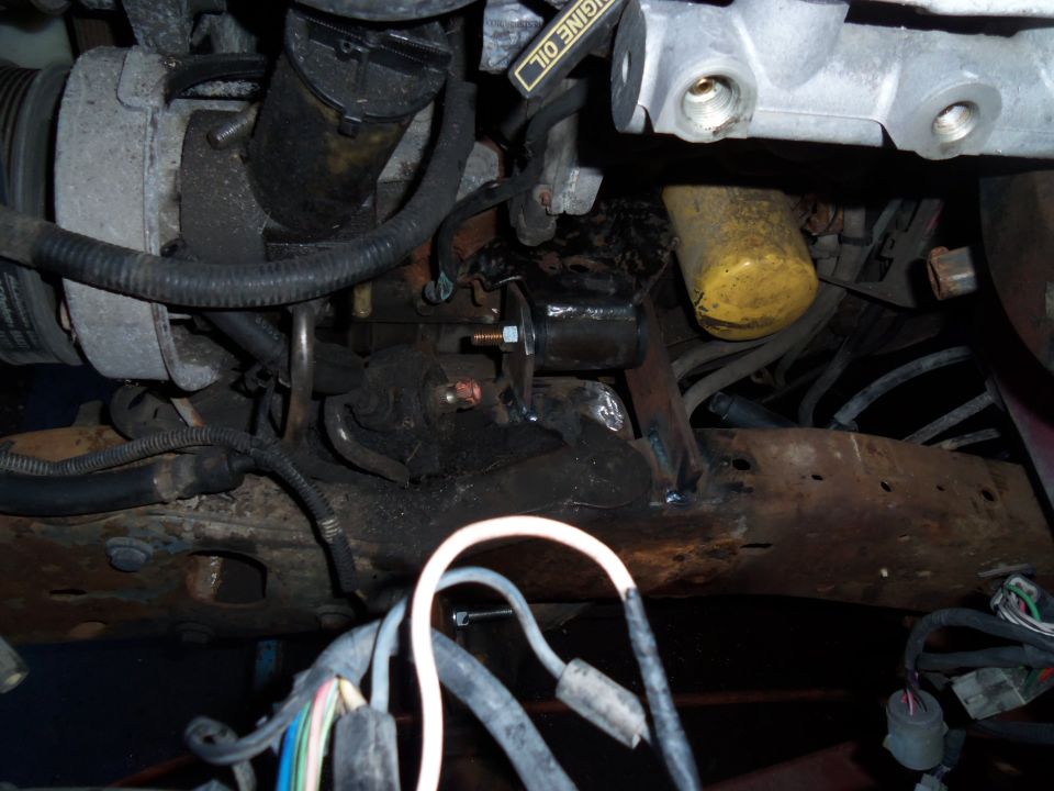 Engine bay with starter motor, oil filter, and wiring harnesses