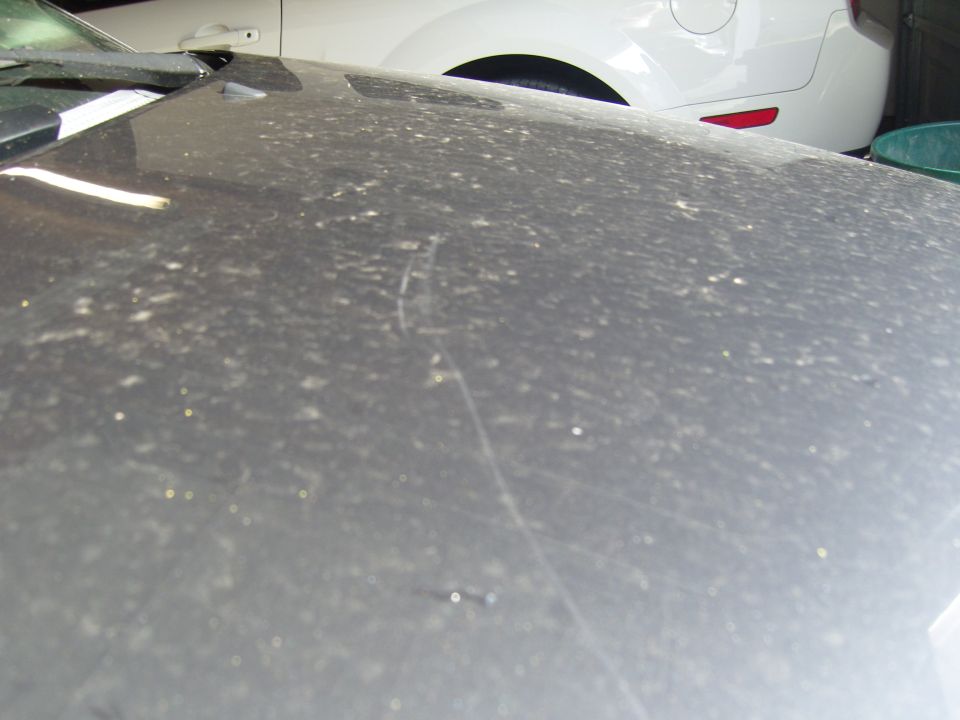 Dusty dark car hood in foreground, white car rear visible behind it