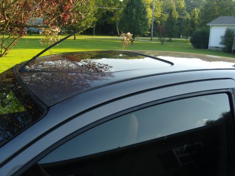 2007 Ford Mustang - Close-up of a car's roofline, a sunroof and antenna, with a residential yard in the background.