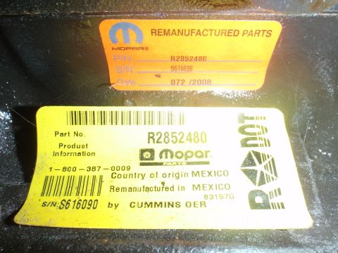 2000 Dodge 1500 - This Mopar remanufactured parts label shows part number R2852480 and was manufactured in Mexico in 2008.