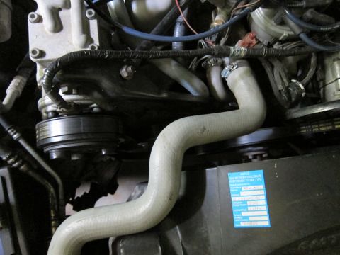 1991 Ford LTD Crown Victoria - Close-up of an engine bay, hoses, pulleys, and a service sticker with text.