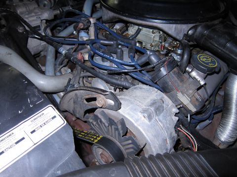 1991 Ford LTD Crown Victoria - Close-up view of a vehicle's engine bay, showing the alternator, carburetor, and spark plug wires.
