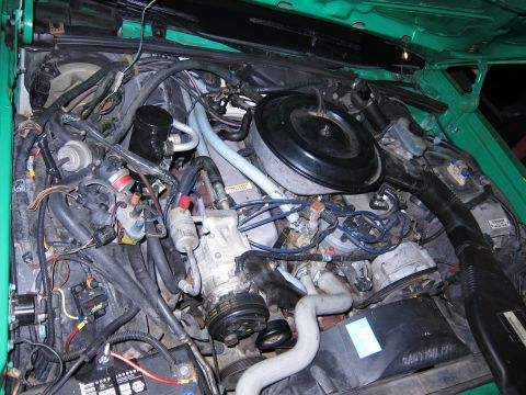 1991 Ford LTD Crown Victoria - Engine compartment of a green vehicle with extensive wiring, coolant hoses, a black round air cleaner and accessory components.