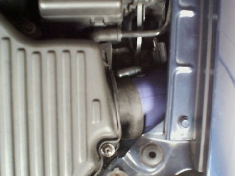 2000 Dodge Neon - Detail of an engine bay, showing a section of a purple hose and surrounding metal components.