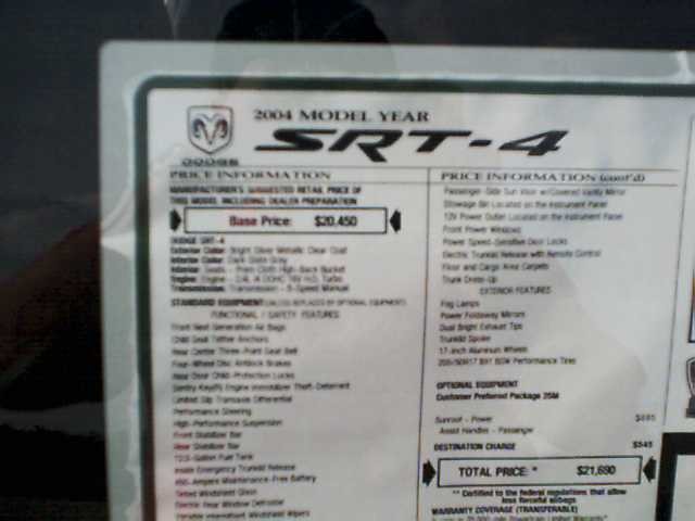 Window sticker for a 2004 Dodge SRT-4 showing base price and options
