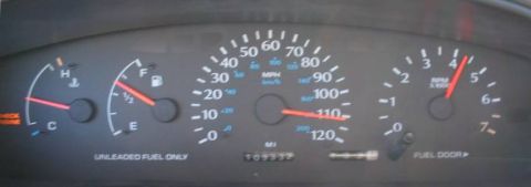 1995 Plymouth Neon - Interior view of a car's dashboard gauges, including speedometer and tachometer.