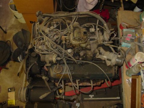 1978 Ford Bronco - Engine assembly, likely from a Ford vehicle, with carburetor and extensive wiring visible.
