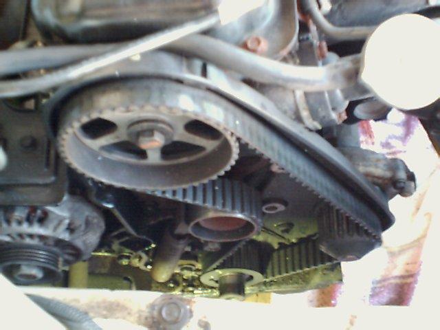 Engine timing belt and pulleys, close-up view. Some wear visible on belt