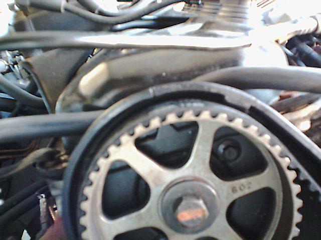 Close-up of a car engine's timing belt and toothed pulley. Some text is visible on the pulley