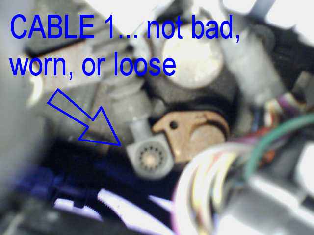 Close-up of engine bay wiring with a blue arrow pointing to a connector labeled 'CABLE 1... not bad, worn, or loose'