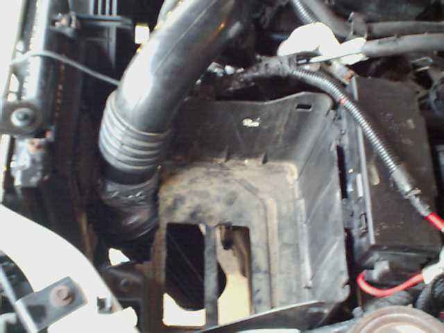 Close-up of engine bay hoses and electrical components