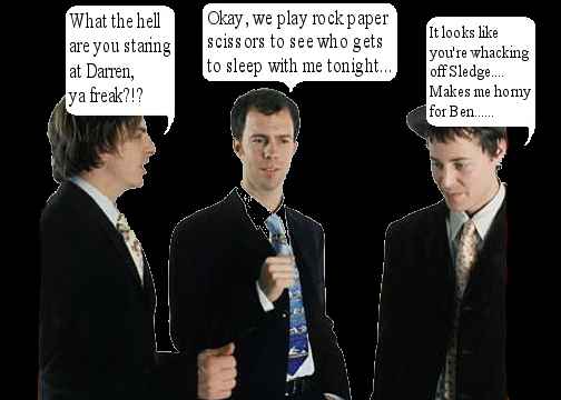 Three men in suits with speech bubbles, one has a hat