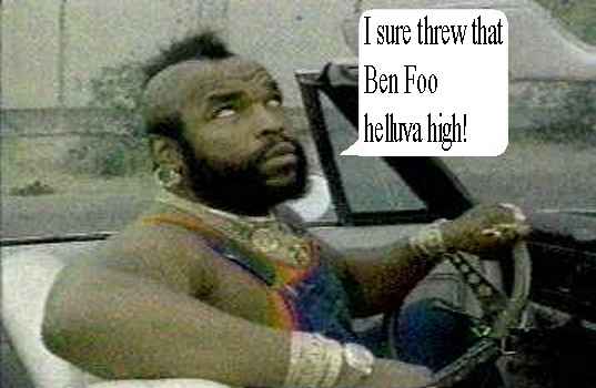 Mr. T driving a convertible, with a speech bubble