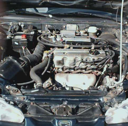 engine bay with hoses, battery, and engine block visible