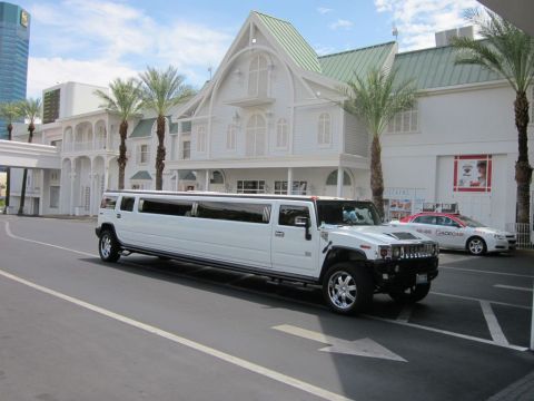 1991 Ford LTD Crown Victoria - A white stretch limousine is parked on the street in front of a white building with palm trees.