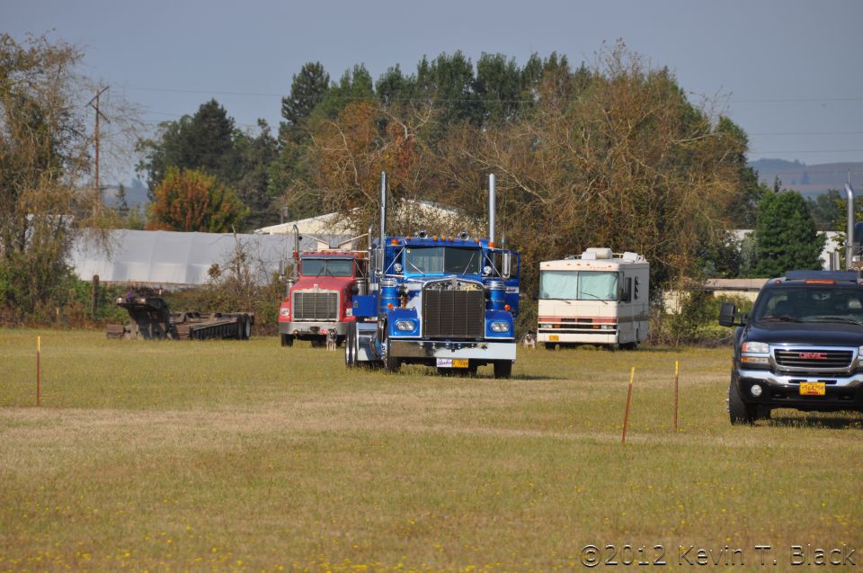Blue semi-truck with chrome stacks and grille, parked in a grassy field with other vehicles