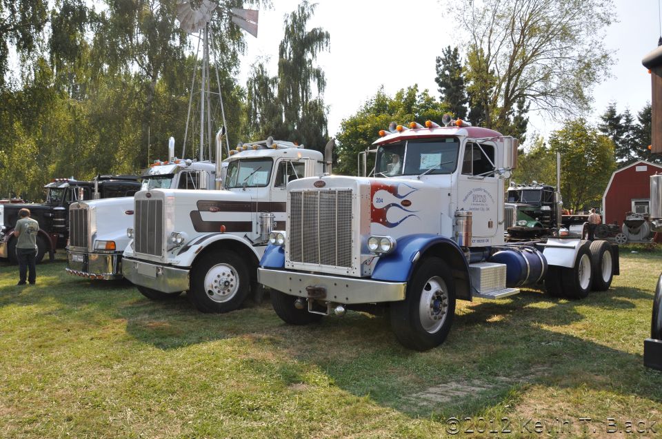 White and blue semi-truck with flame decals and a prominent grille
