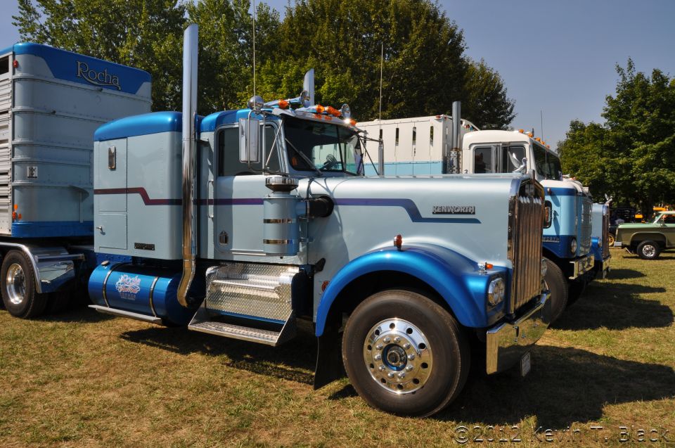 Light blue Kenworth truck with blue accents, parked in a grassy field next to other trucks