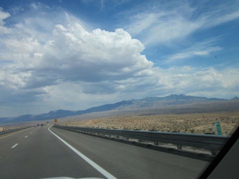 1991 Ford LTD Crown Victoria - View from a vehicle traveling on a highway through a vast desert with mountains on the horizon.