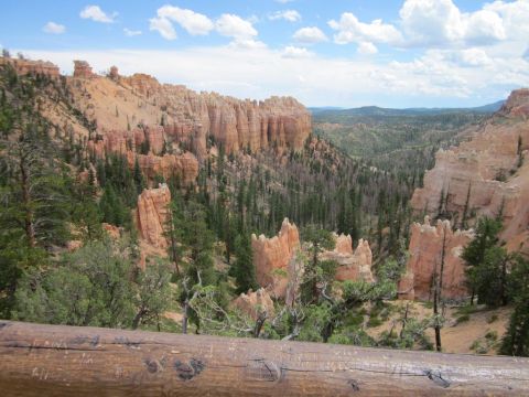 1991 Ford LTD Crown Victoria - A scenic view of hoodoos and evergreen trees under a partly cloudy sky in Bryce Canyon.