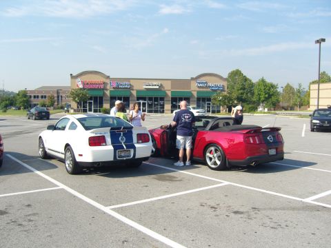 2007 Ford Mustang - Two Ford Mustangs, a white coupe and a red convertible, are parked in a lot near businesses.