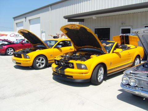 2007 Ford Mustang - Yellow Ford Mustangs displayed with engines visible at an outdoor car event.