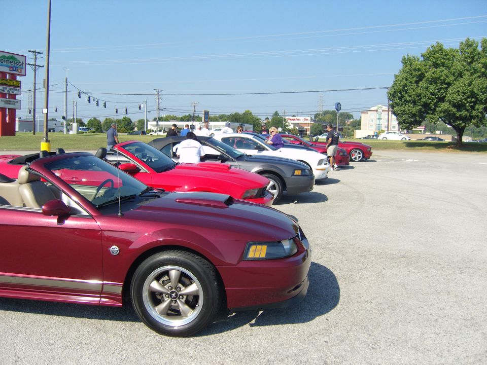 Maroon 2007 Ford Mustang convertible parked in front of other Mustangs