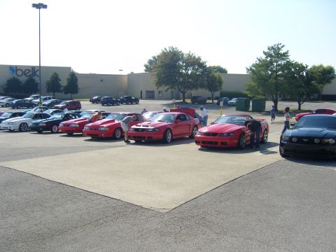 2007 Ford Mustang - Several Ford Mustangs are gathered in a parking lot, with a Belk department store in the background.
