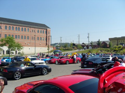 2007 Ford Mustang - A gathering of Ford Mustangs in a parking lot on a sunny day, with a large brick building in the background.