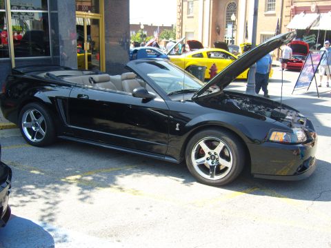2007 Ford Mustang - Black 2007 Ford Mustang convertible at a car show, hood open to reveal engine bay.