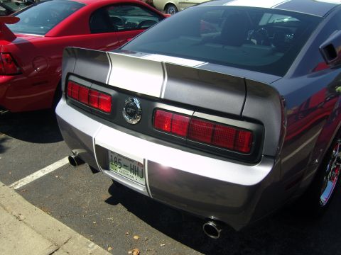 2007 Ford Mustang - A grey 2007 Ford Mustang GT is parked next to a red Mustang at a car show.