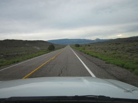 1991 Ford LTD Crown Victoria - The road stretches out towards distant mountains, with scrub brush and sparse vegetation lining the sides of the highway.