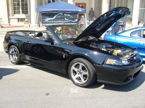 2007 Ford Mustang - A black 2007 Ford Mustang convertible is displayed with its hood open at a car show, with a blue car visible in the background.