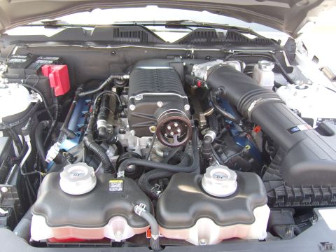 2007 Ford Mustang - The engine bay of a 2007 Ford Mustang GT features a prominent supercharger and custom intake system.