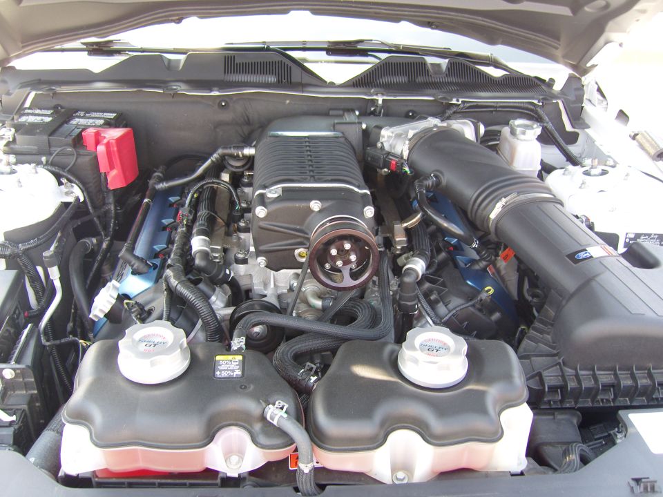 Engine bay of a 2007 Ford Mustang GT with a supercharger, showing the intake, coolant reservoirs, and wiring