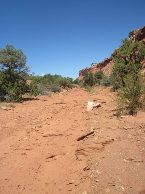 1991 Ford LTD Crown Victoria - A remote desert road winds through a landscape of red rock formations and sparse vegetation under a bright blue sky.