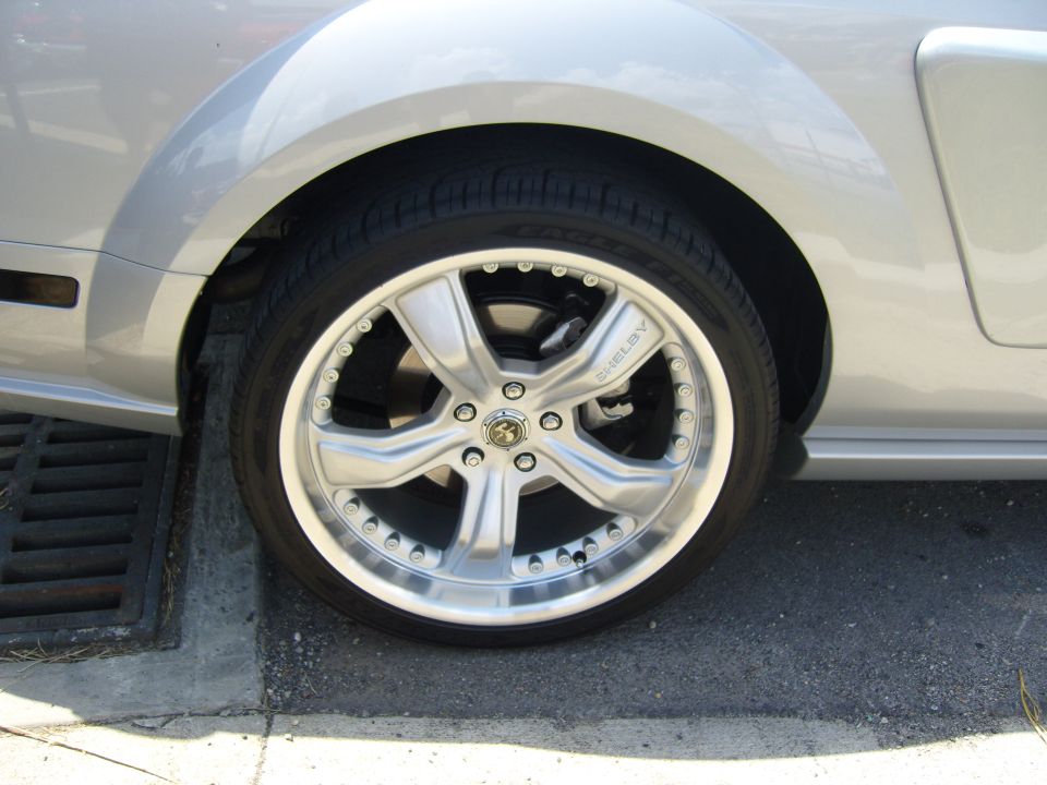 Silver Shelby wheel on a car, showing brake caliper and tire