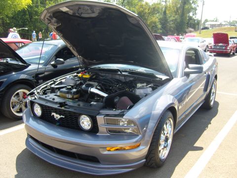 2007 Ford Mustang - A gray Ford Mustang is displayed with its hood open, revealing the engine compartment.